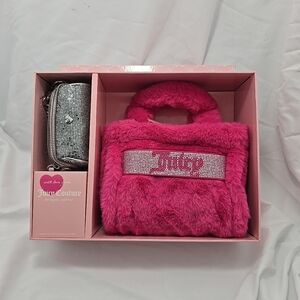 NWT Juicy Couture Free Love Pink Fur Mini Tote and Barrel Coin Purse Gift Set